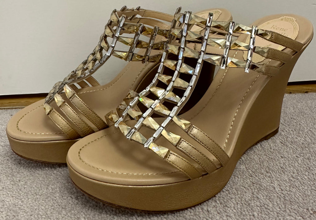 RENE CAOVILLA Beige Gold Nude Crystal Embellish Open Toe Leather Wedge Sandals EU37 UK4 - NEW!