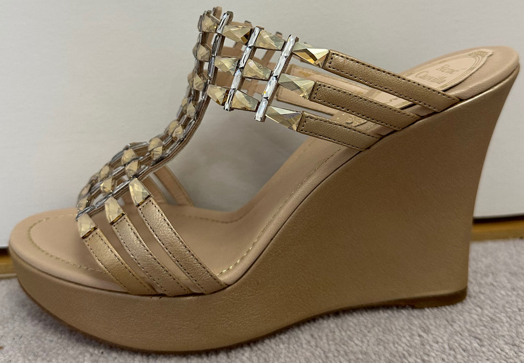 RENE CAOVILLA Beige Gold Nude Crystal Embellish Open Toe Leather Wedge Sandals EU37 UK4 - NEW!