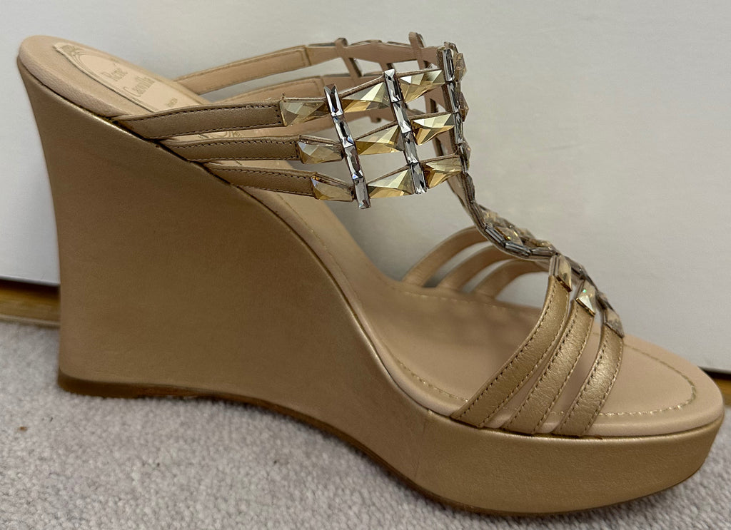 RENE CAOVILLA Beige Gold Nude Crystal Embellish Open Toe Leather Wedge Sandals EU37 UK4 - NEW!