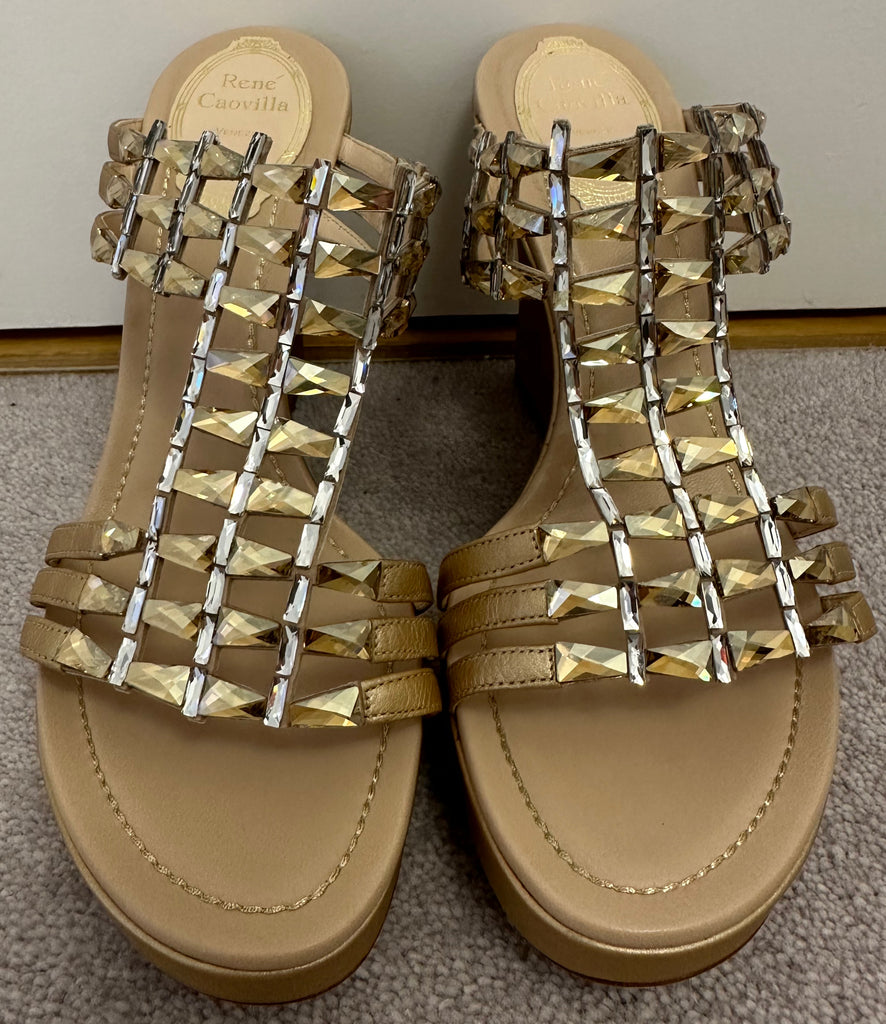 RENE CAOVILLA Beige Gold Nude Crystal Embellish Open Toe Leather Wedge Sandals EU37 UK4 - NEW!