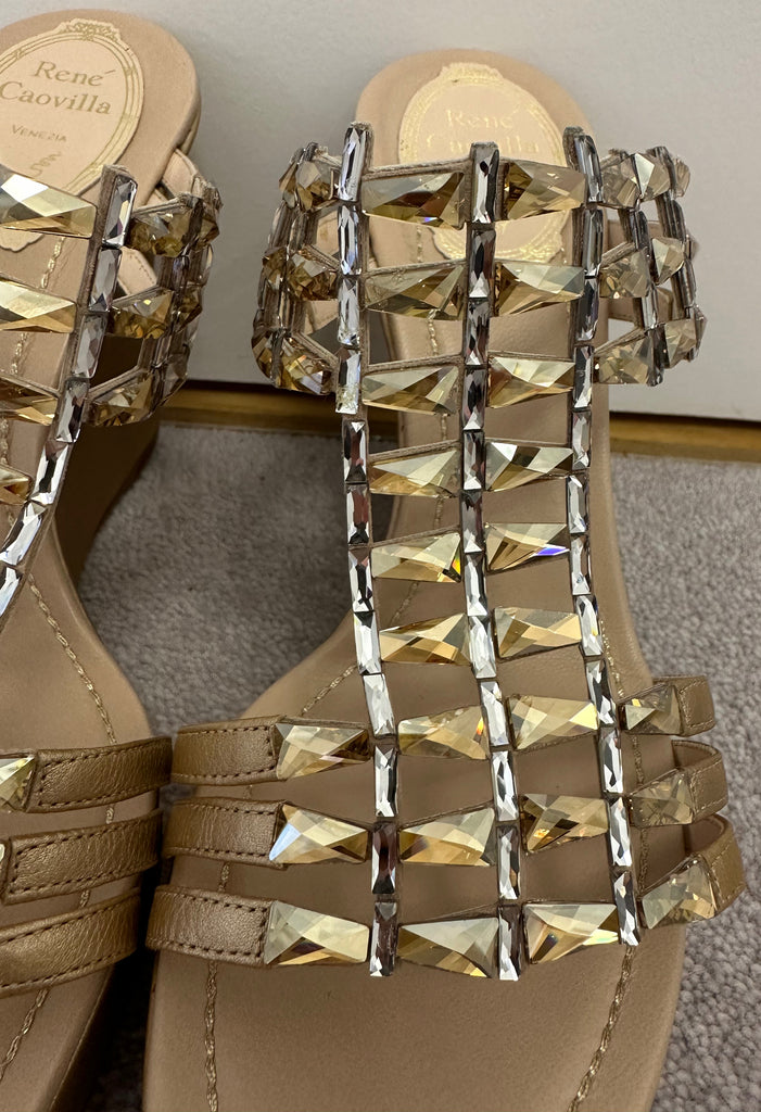 RENE CAOVILLA Beige Gold Nude Crystal Embellish Open Toe Leather Wedge Sandals EU37 UK4 - NEW!