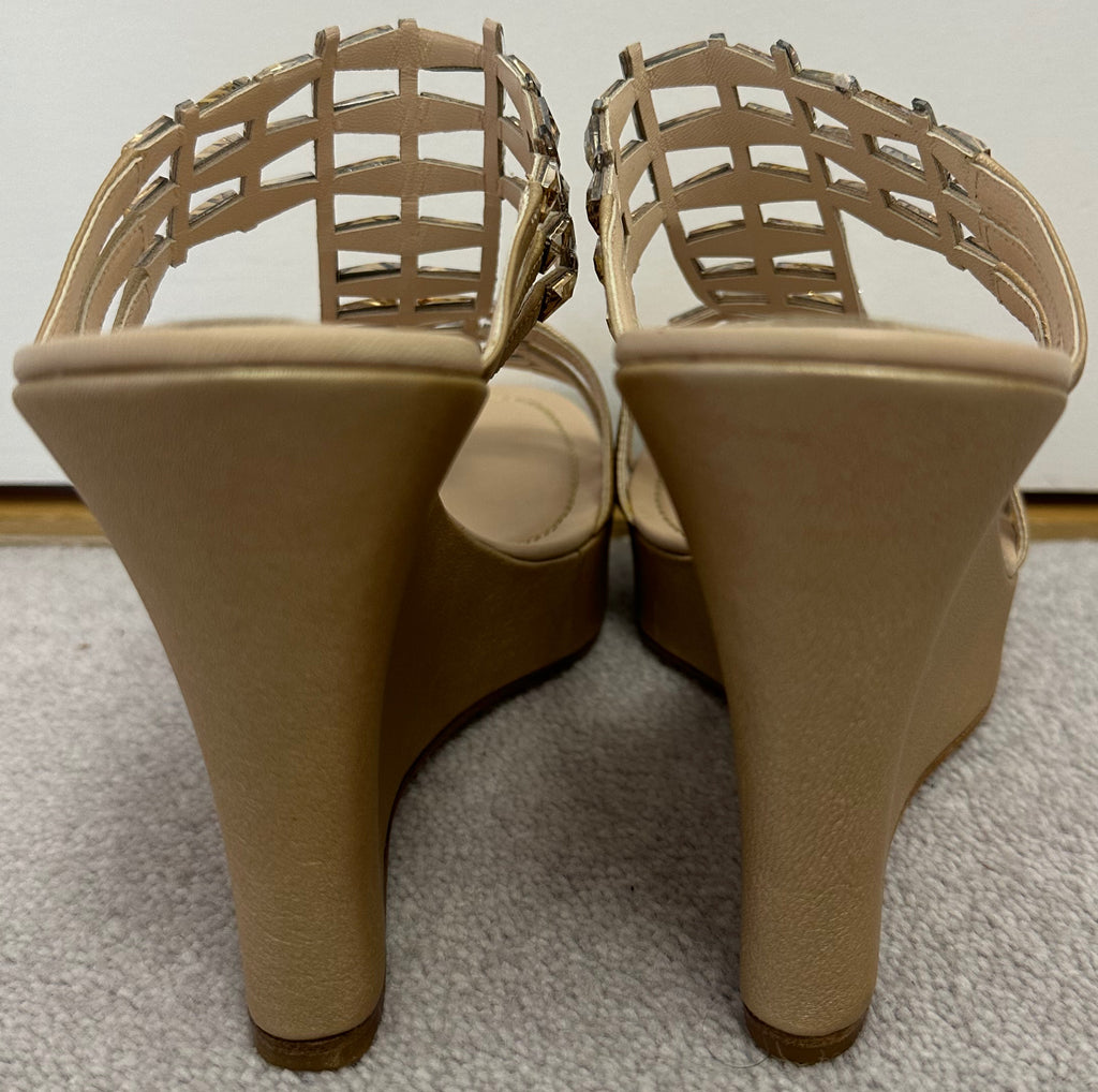 RENE CAOVILLA Beige Gold Nude Crystal Embellish Open Toe Leather Wedge Sandals EU37 UK4 - NEW!