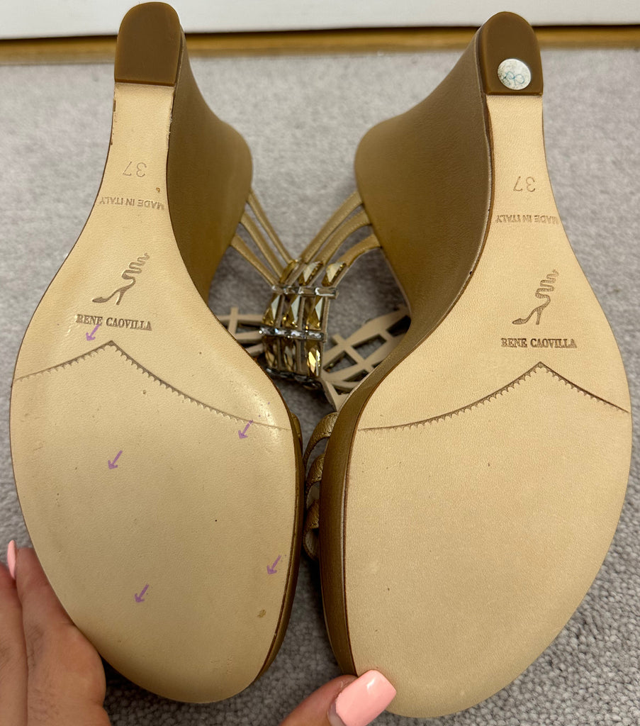 RENE CAOVILLA Beige Gold Nude Crystal Embellish Open Toe Leather Wedge Sandals EU37 UK4 - NEW!