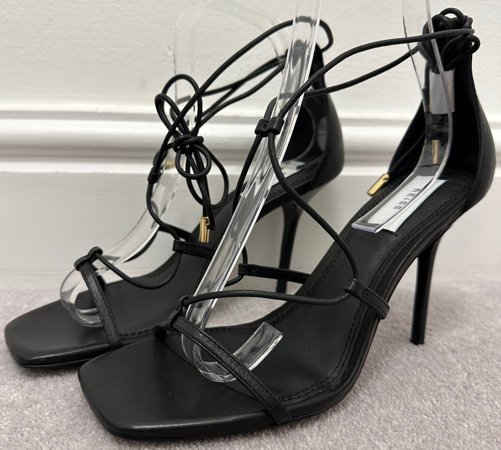 REISS Black Leather Strappy High Heel Tie Ankle Sandals Shoes UK6 EU39 NEW!