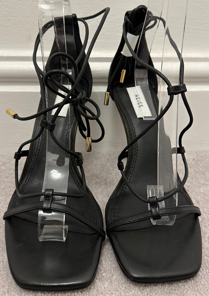 REISS Black Leather Strappy High Heel Tie Ankle Sandals Shoes UK6 EU39 NEW!