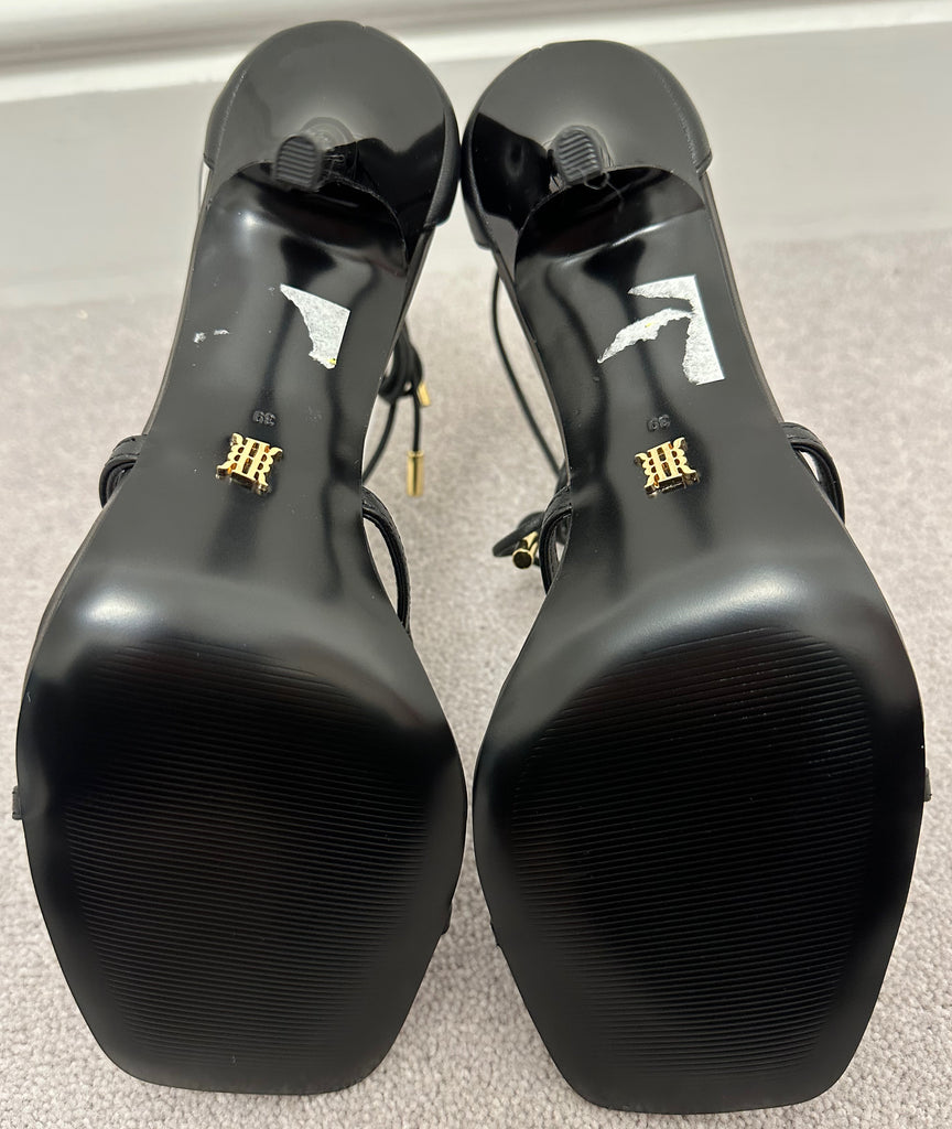 REISS Black Leather Strappy High Heel Tie Ankle Sandals Shoes UK6 EU39 NEW!