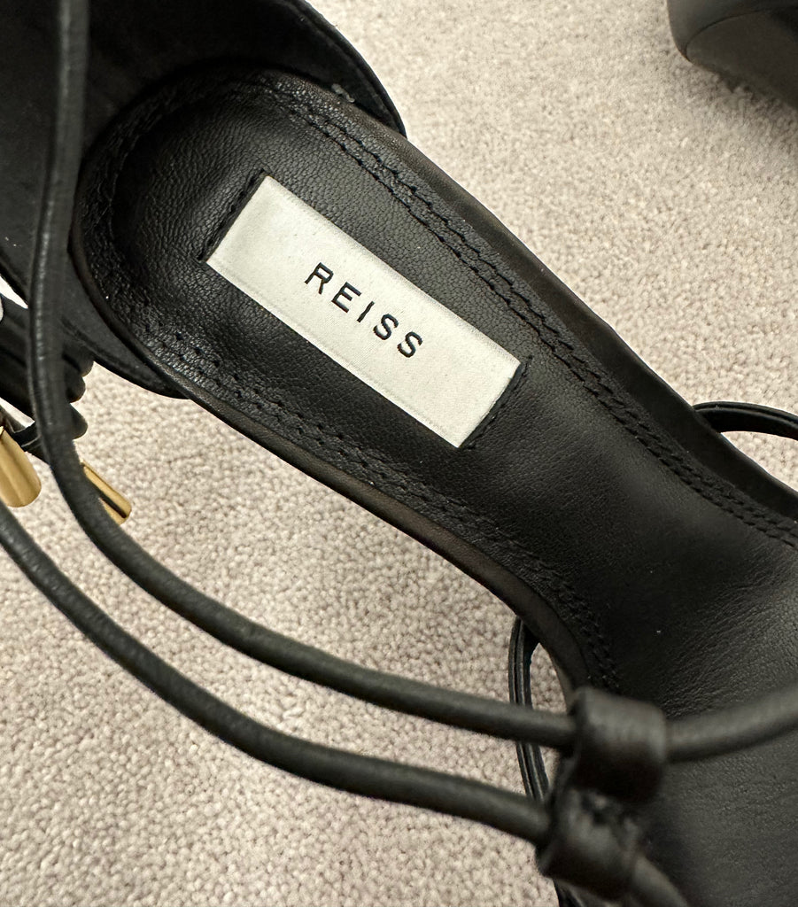 REISS Black Leather Strappy High Heel Tie Ankle Sandals Shoes UK6 EU39 NEW!