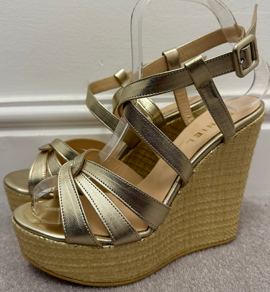 DANIEL Gold Metallic Leather Strappy Wicker Wedge Platform Sandals Shoes UK6