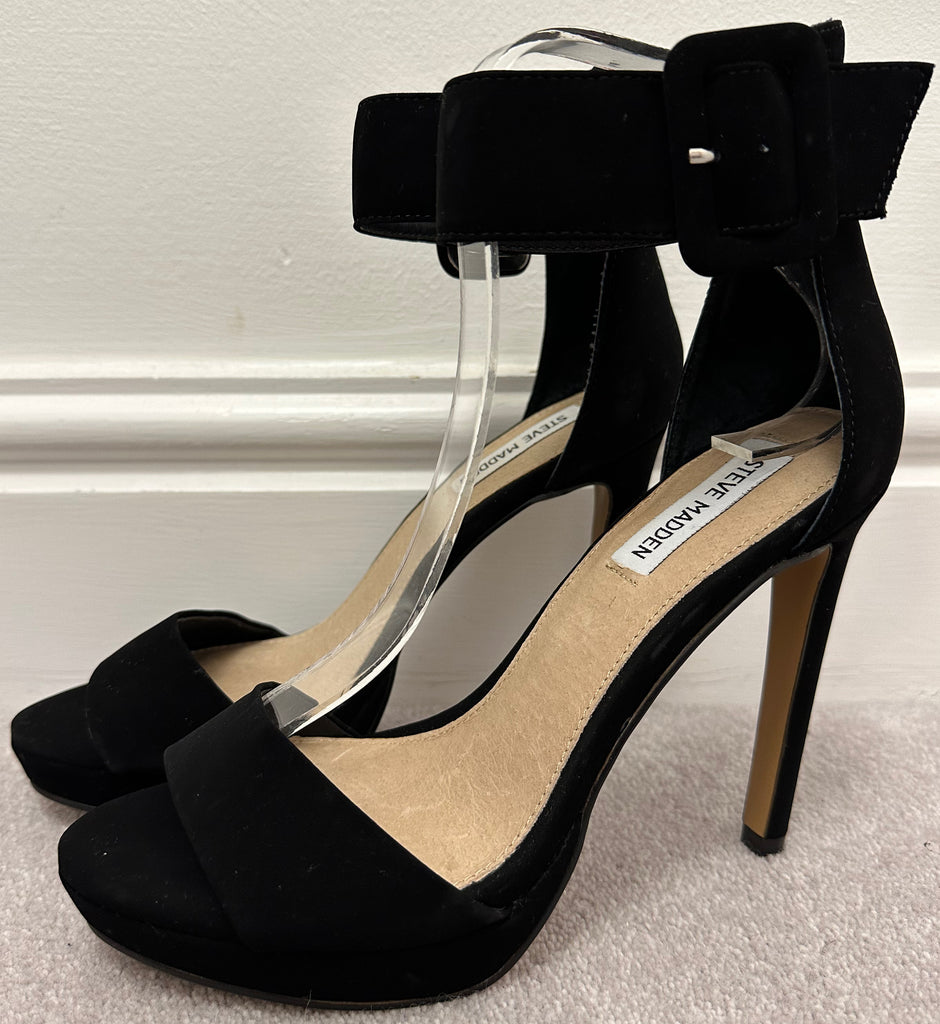 STEVE MADDEN Black Faux Suede Platform High Heel Sandals Shoes UK5 EU38 NEW
