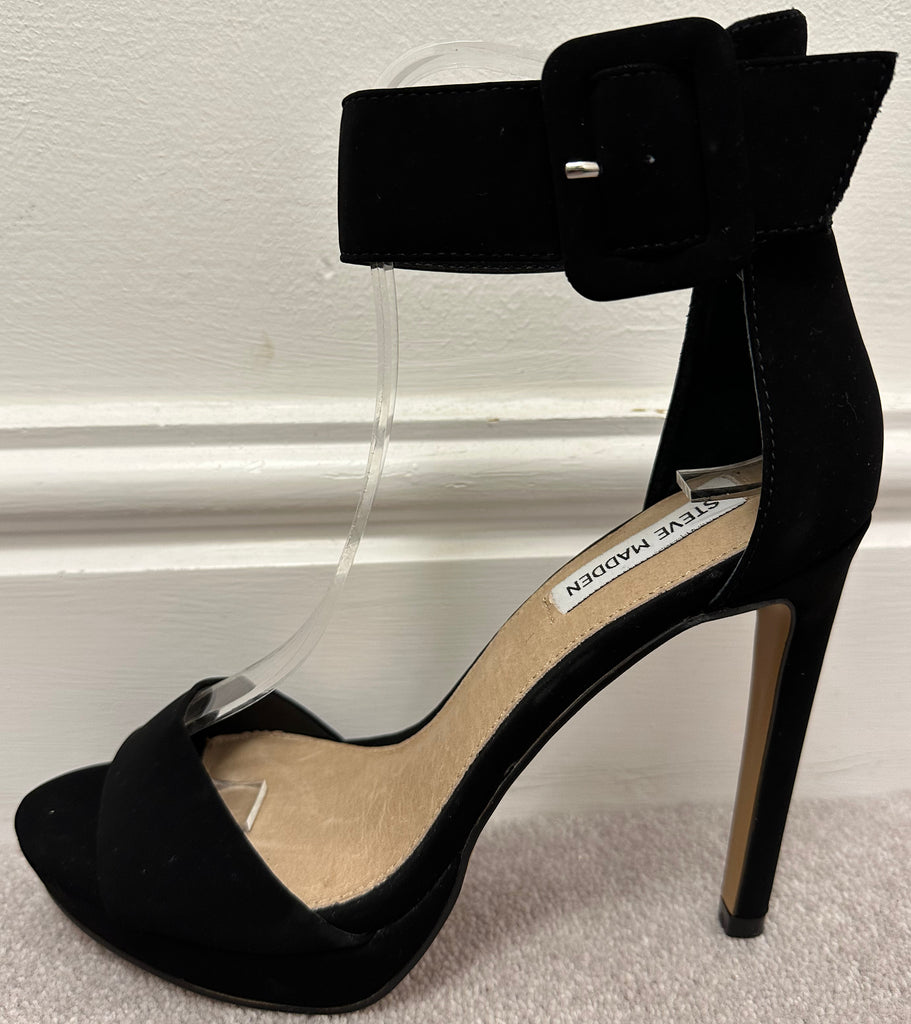 STEVE MADDEN Black Faux Suede Platform High Heel Sandals Shoes UK5 EU38 NEW