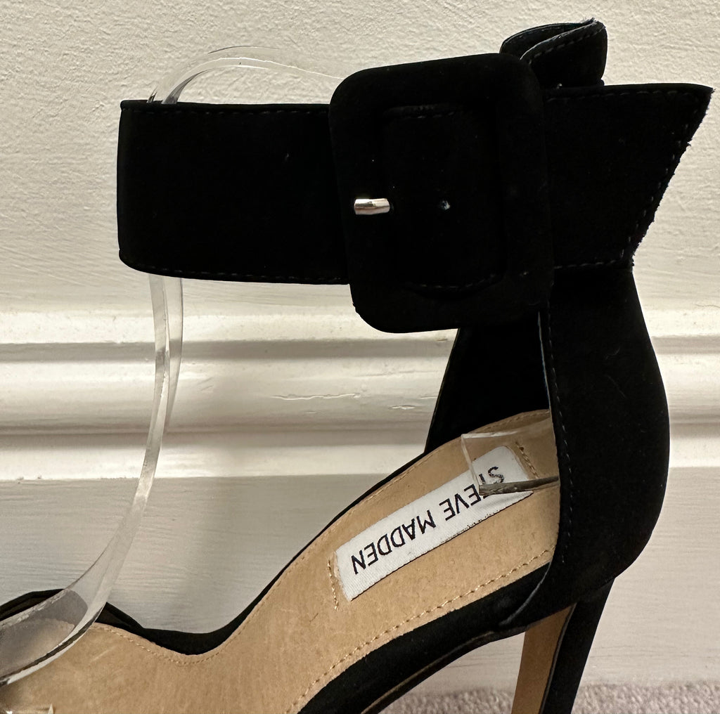 STEVE MADDEN Black Faux Suede Platform High Heel Sandals Shoes UK5 EU38 NEW