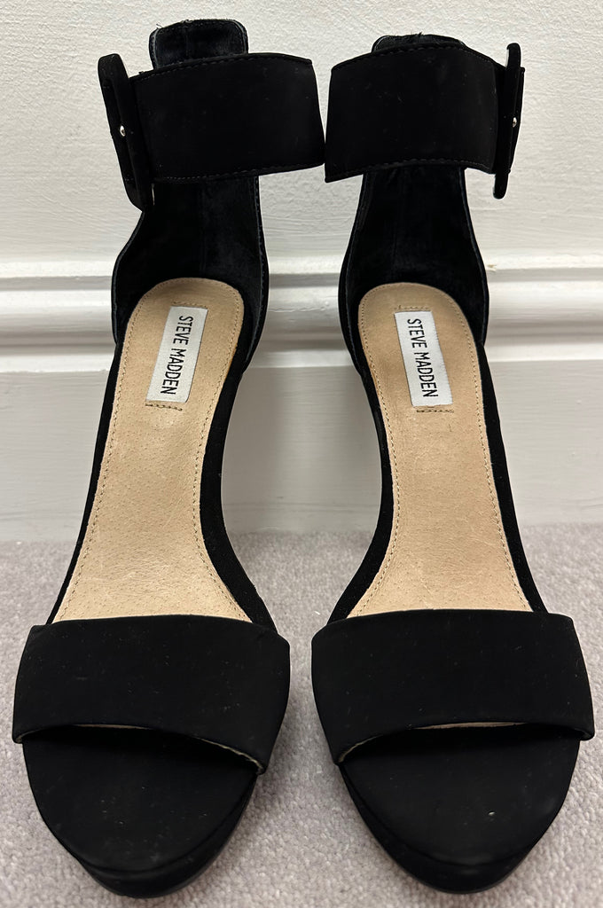 STEVE MADDEN Black Faux Suede Platform High Heel Sandals Shoes UK5 EU38 NEW