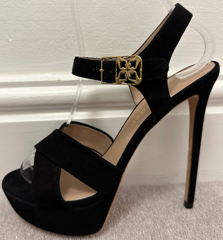 KURT GEIGER Black Suede Open Toe High Stiletto Heel Platform Sandals Shoes UK6
