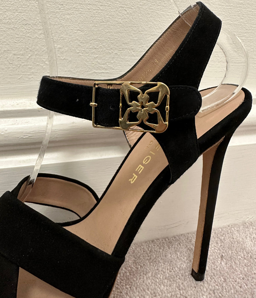 KURT GEIGER Black Suede Open Toe High Stiletto Heel Platform Sandals Shoes UK6