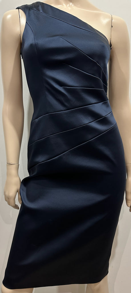 COAST Midnight Navy Blue Sheen One Shoulder Fitted Lined Evening Dress UK8