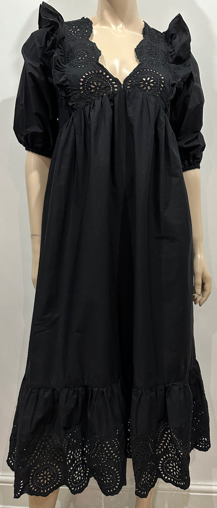 MANGO MNG Black Cotton V Neck Short Sleeve Embroidery Trim Long Maxi Dress XS