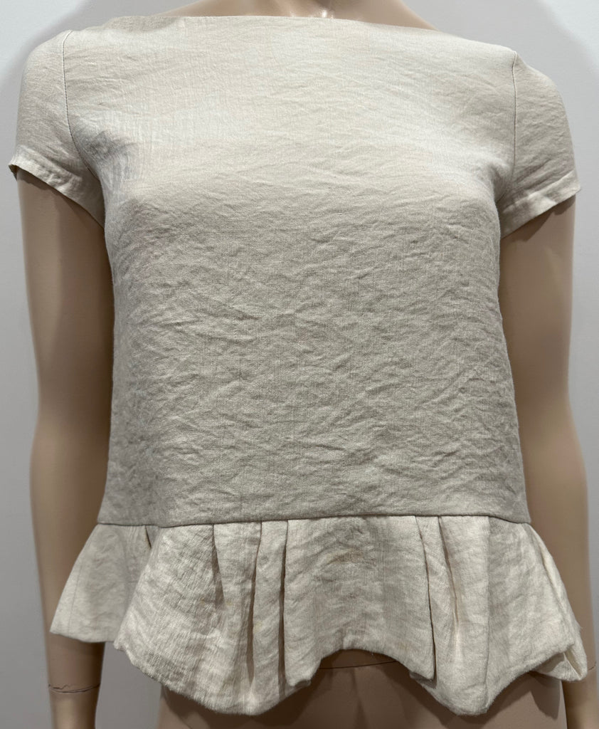 MAJE Cream Scoop Neck Short Sleeve Peplum Hem Crinkle Fabric Blouse Top FR1 UK8