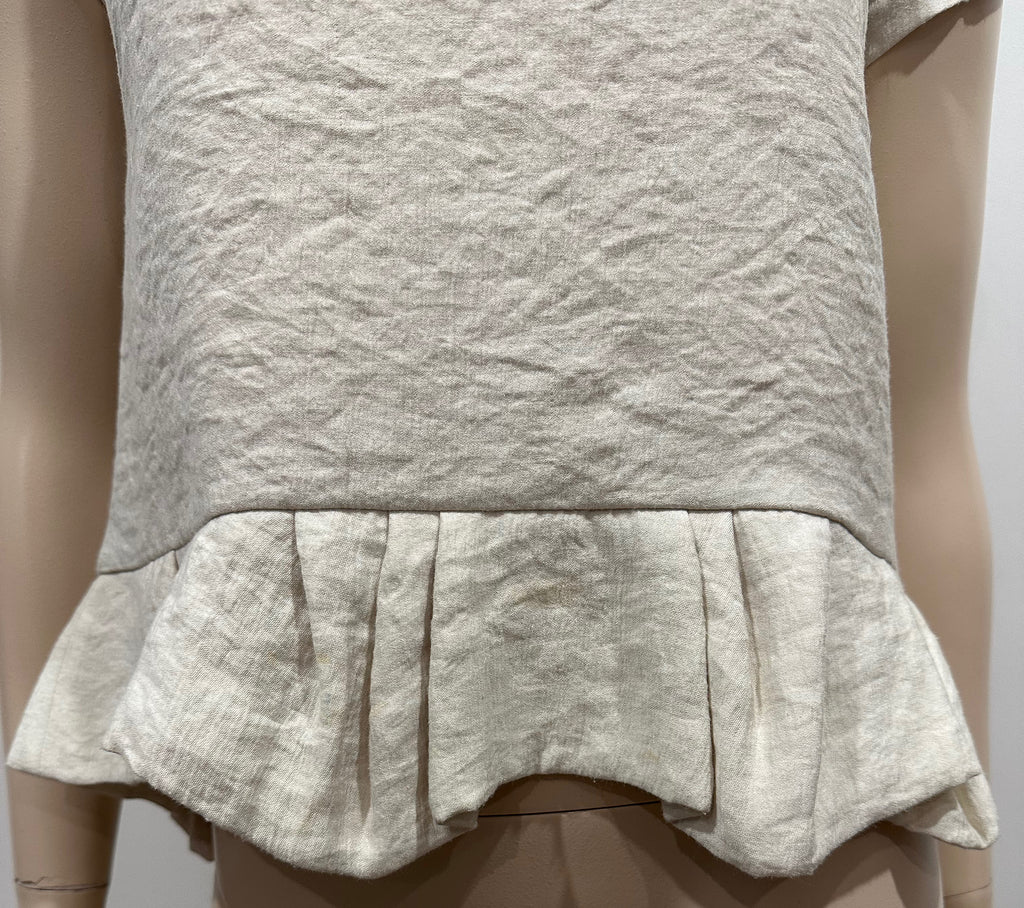 MAJE Cream Scoop Neck Short Sleeve Peplum Hem Crinkle Fabric Blouse Top FR1 UK8