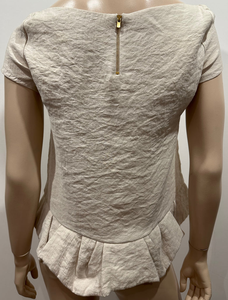 MAJE Cream Scoop Neck Short Sleeve Peplum Hem Crinkle Fabric Blouse Top FR1 UK8
