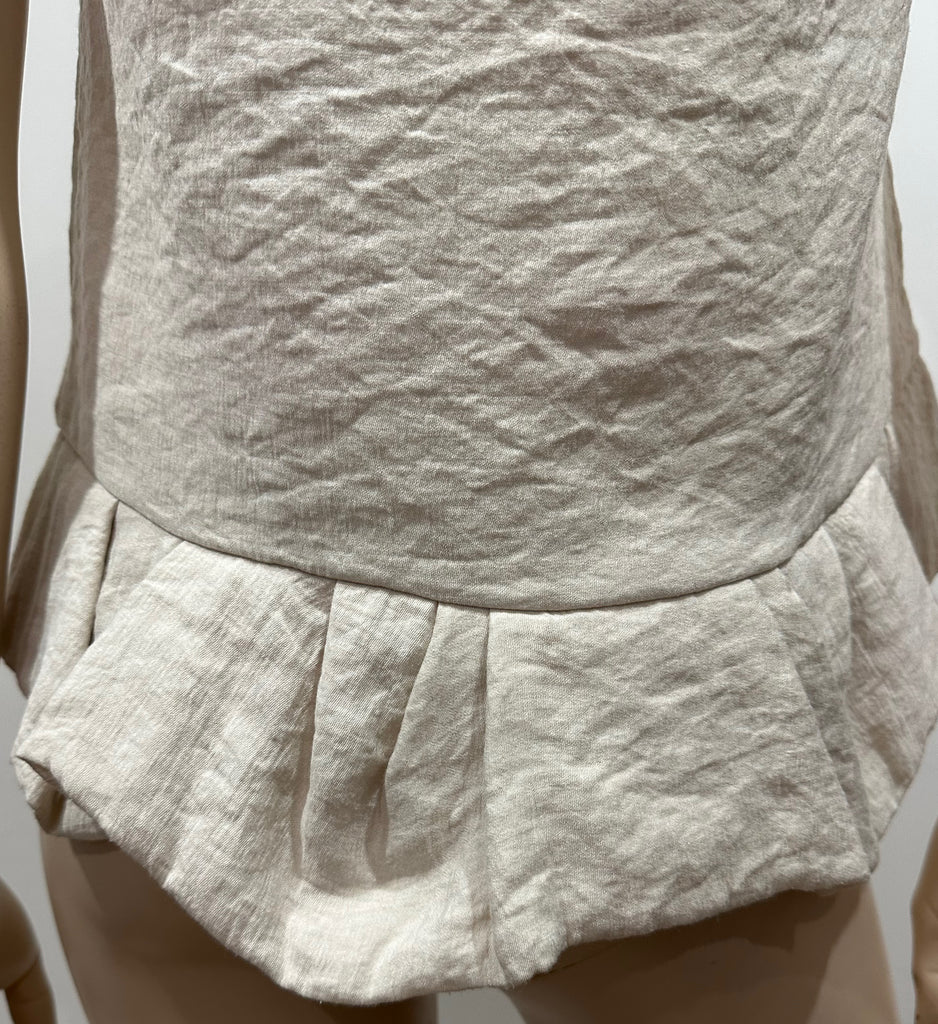 MAJE Cream Scoop Neck Short Sleeve Peplum Hem Crinkle Fabric Blouse Top FR1 UK8