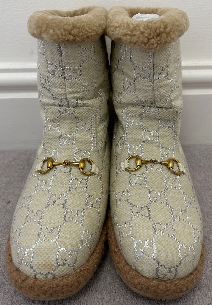 GUCCI Women's Beige & Silver GG Logo Horsebit Detail Lined Snow Boots EU38 UK5