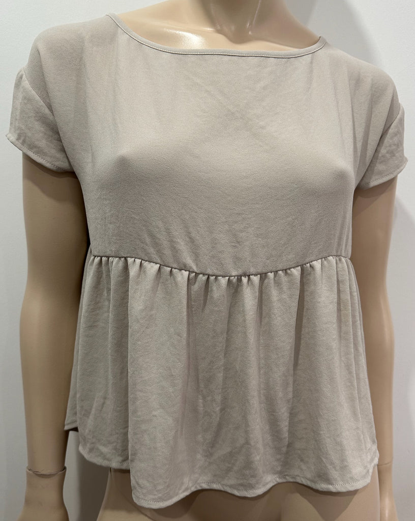AMERICAN VINTAGE Beige Scoop Neck Short Sleeve Pleated Hemline Blouse Top S