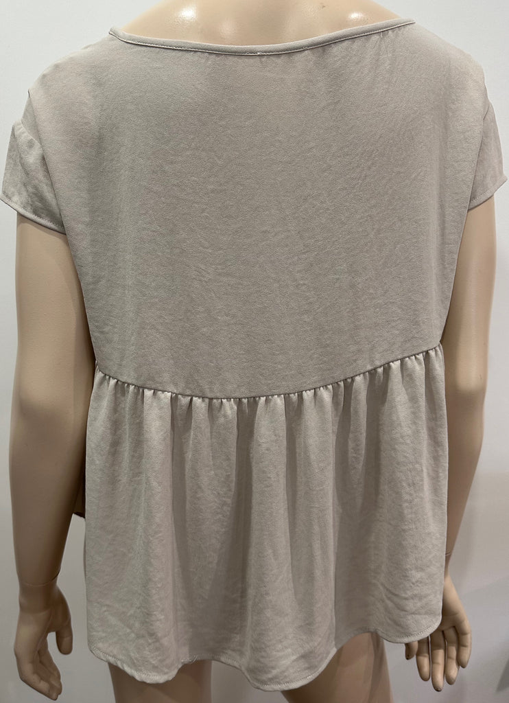 AMERICAN VINTAGE Beige Scoop Neck Short Sleeve Pleated Hemline Blouse Top S