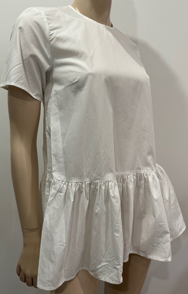 ZARA White Cotton Round Neck Short Sleeve Pleated Hemline Blouse Shirt Top XS