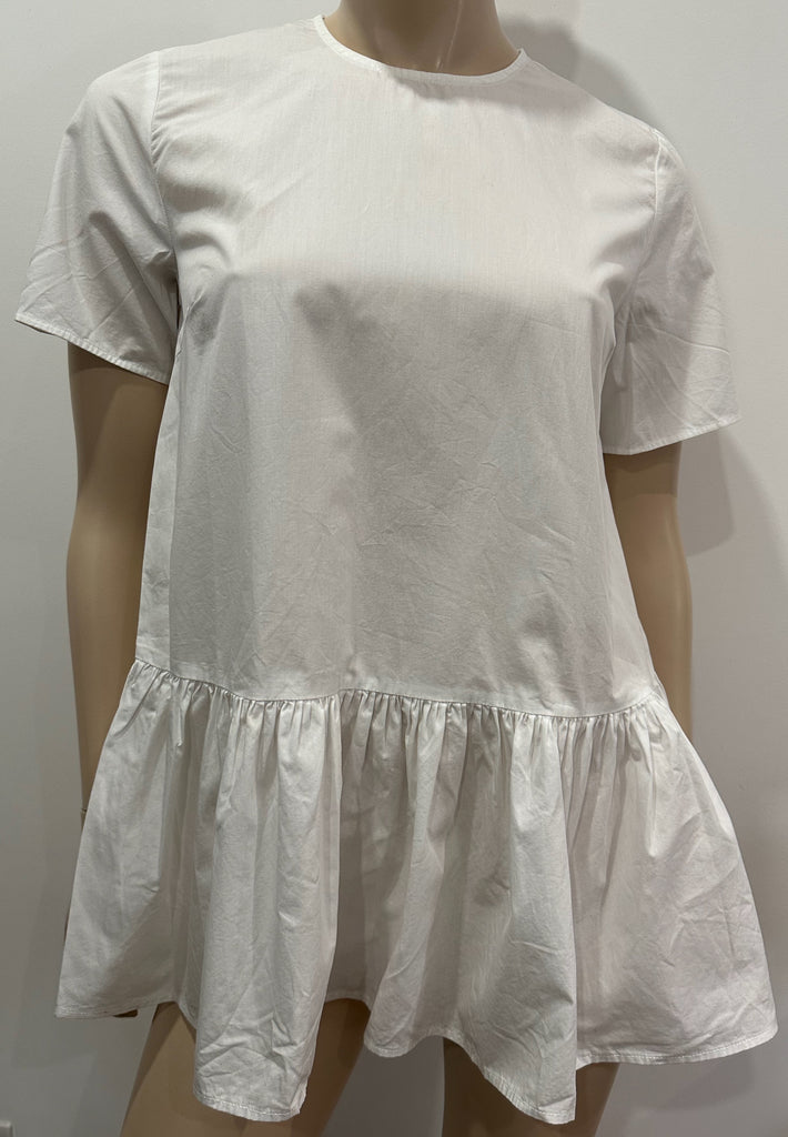 ZARA White Cotton Round Neck Short Sleeve Pleated Hemline Blouse Shirt Top XS