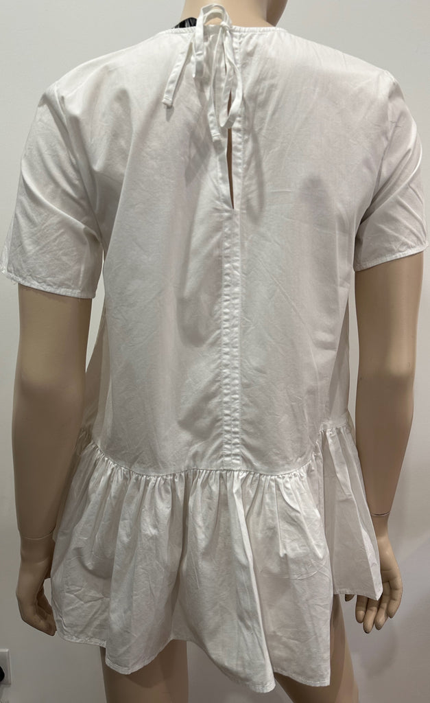 ZARA White Cotton Round Neck Short Sleeve Pleated Hemline Blouse Shirt Top XS