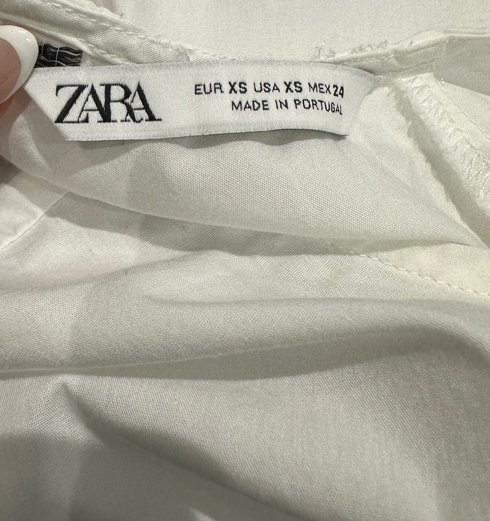 ZARA White Cotton Round Neck Short Sleeve Pleated Hemline Blouse Shirt Top XS