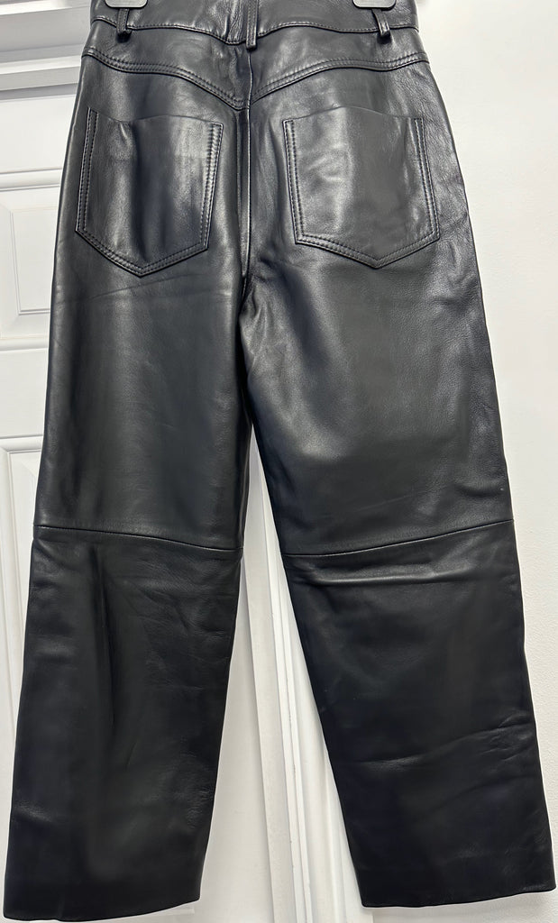 M&S AUTOGRAPH Women's Black Leather Straight Leg Trousers Pants UK6