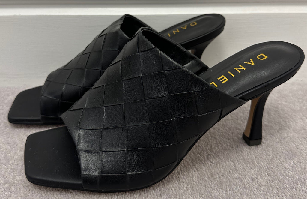 DANIEL Black Slip On Mid Height Stiletto Heel Summer Mules Sandals Shoes EU38 UK