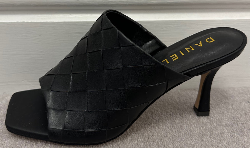 DANIEL Black Slip On Mid Height Stiletto Heel Summer Mules Sandals Shoes EU38 UK
