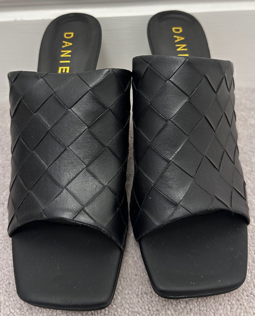 DANIEL Black Slip On Mid Height Stiletto Heel Summer Mules Sandals Shoes EU38 UK