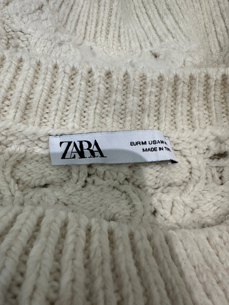 ZARA Women's Cream Round Neck Long Sleeve Chunky Knit Jumper Sweater Top M