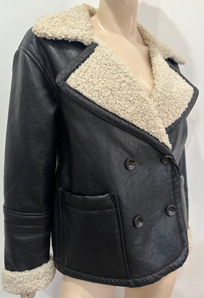WE THE FREE Women's Black Vegan Leather Double Breasted Lined Aviator Jacket XS