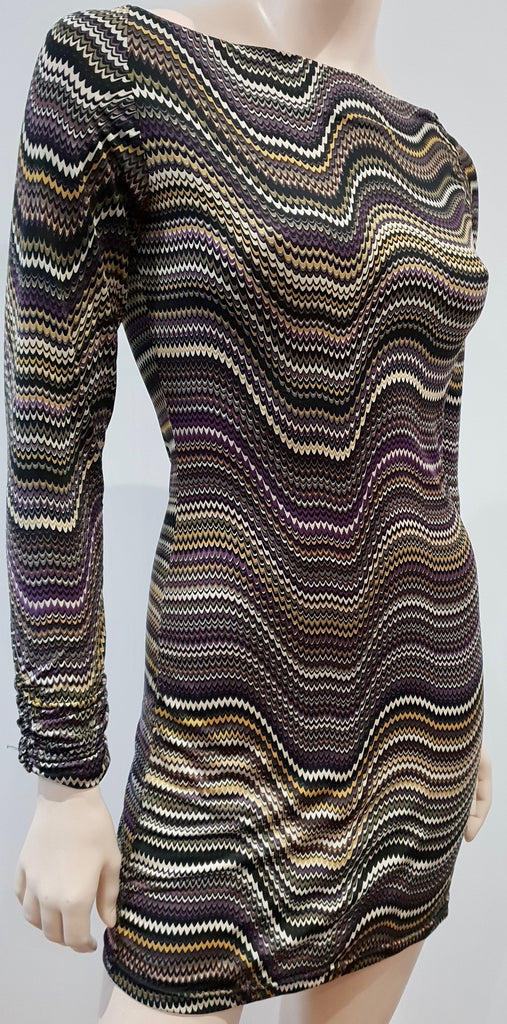 EDEN PARIS Purple Black Beige Stripe Patterned Scoop Neck Long Sleeve Mini Dress