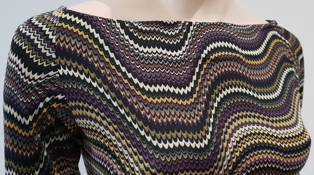 EDEN PARIS Purple Black Beige Stripe Patterned Scoop Neck Long Sleeve Mini Dress