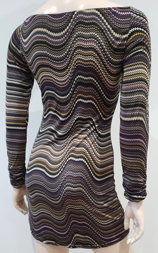 EDEN PARIS Purple Black Beige Stripe Patterned Scoop Neck Long Sleeve Mini Dress