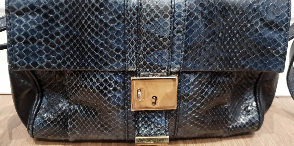 D&G DOLCE & GABBANA Blue Grey Snakeskin Texture & Black Leather Shoulder Bag