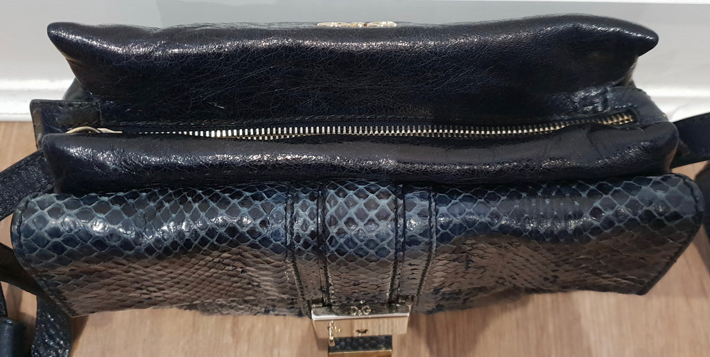 D&G DOLCE & GABBANA Blue Grey Snakeskin Texture & Black Leather Shoulder Bag