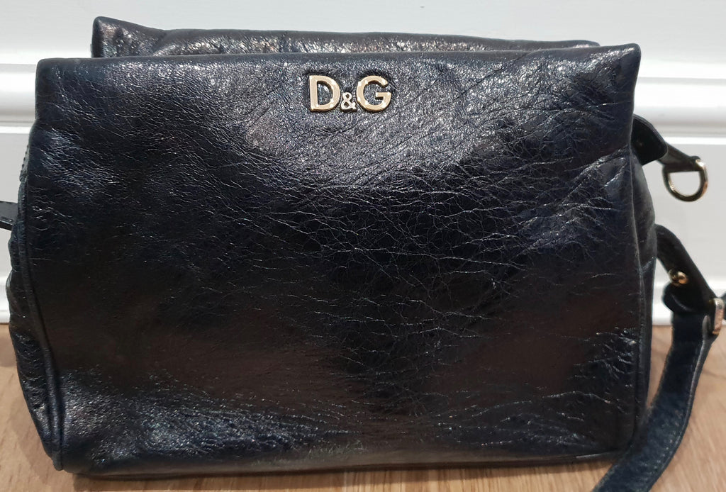 D&G DOLCE & GABBANA Blue Grey Snakeskin Texture & Black Leather Shoulder Bag