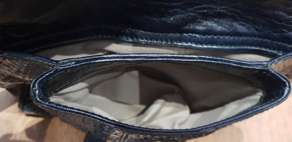 D&G DOLCE & GABBANA Blue Grey Snakeskin Texture & Black Leather Shoulder Bag