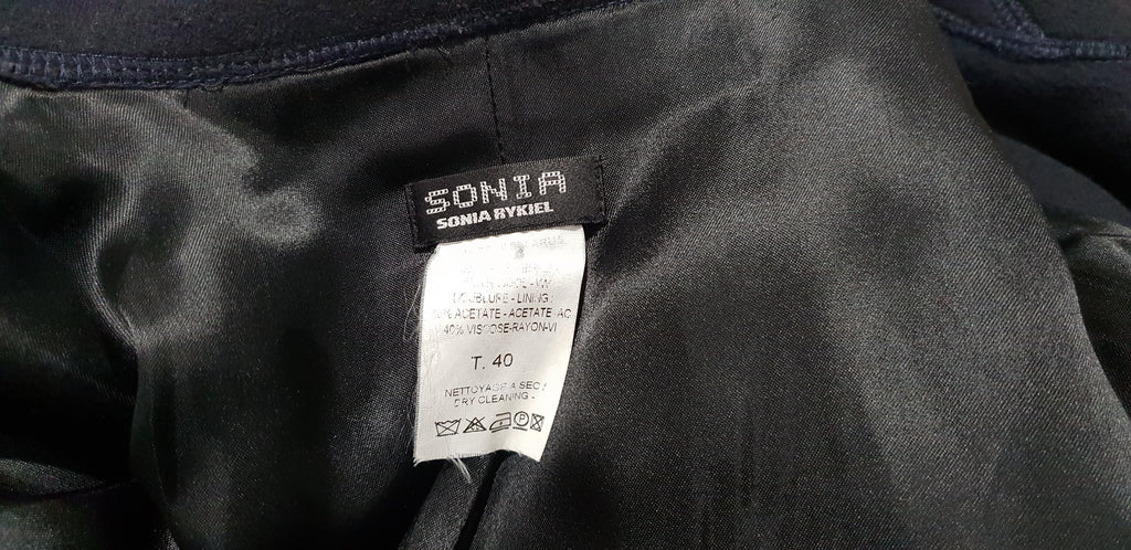 SONIA BY SONIA RYKIEL Navy Blue Wool Double Breast Pleat Hemline Jacket 40 UK12