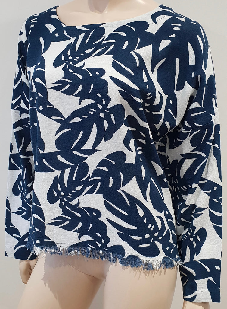 MIKOH Cream & Navy Cotton Printed Scoop Neck Fray Hem Long Sleeve Coverup Top S