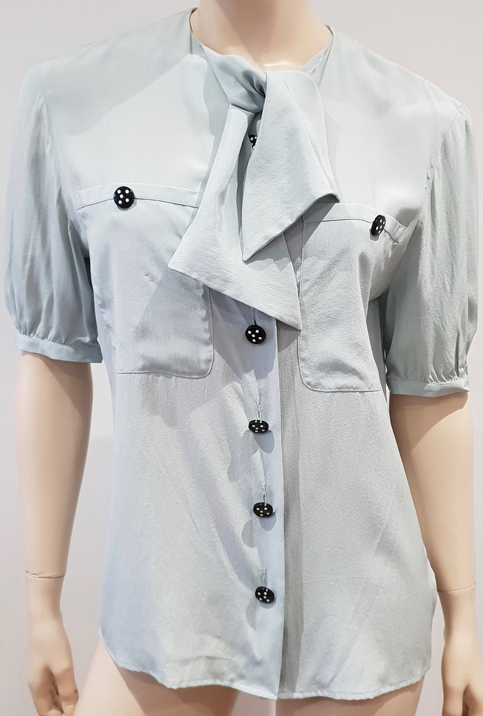 AKRIS Pale Mint Green 100% Silk Tie Neckline Short Sleeve Blouse Shirt Top CH36