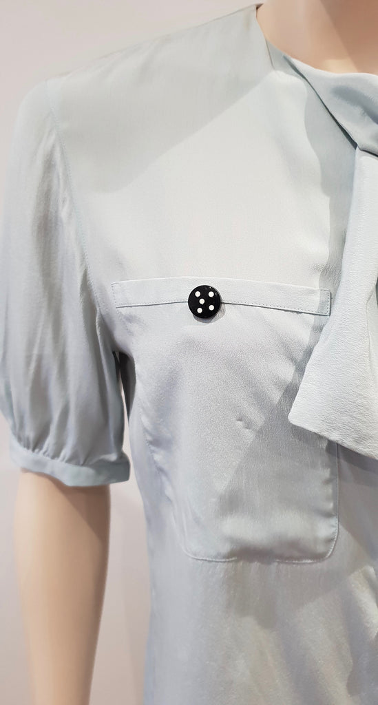 AKRIS Pale Mint Green 100% Silk Tie Neckline Short Sleeve Blouse Shirt Top CH36