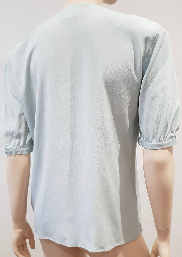 AKRIS Pale Mint Green 100% Silk Tie Neckline Short Sleeve Blouse Shirt Top CH36