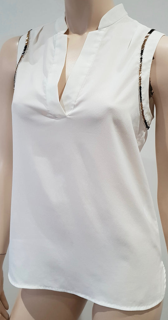 CLAUDIE PIERLOT White V Neckline Sequin Trim Sleeveless Blouse Shirt Top 36 UK8